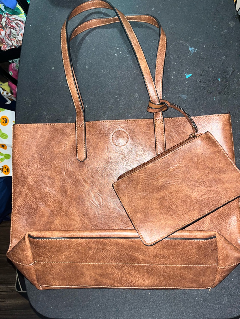 Montana West Brown Faux Leather Tote with Zip Pouch